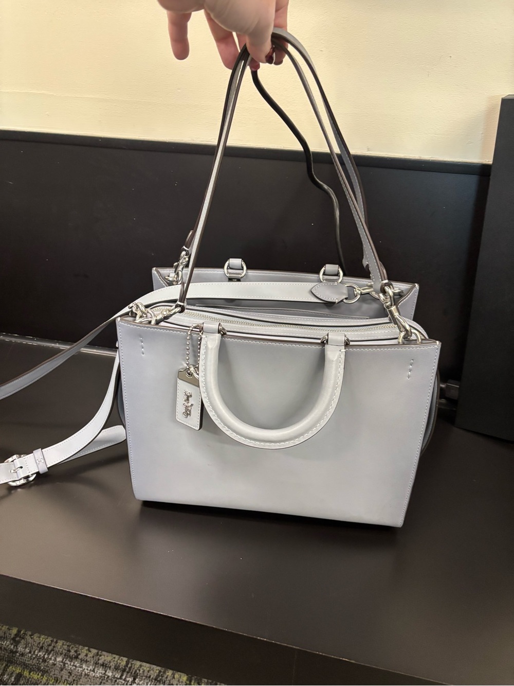 Coach Light Gray Structured Satchel with Double Handles and Strap